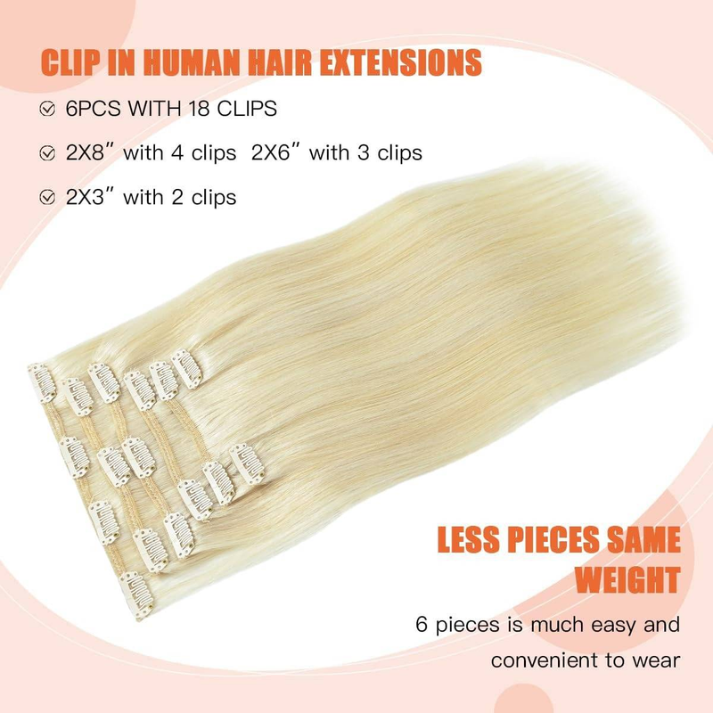 Echthaar-Clip-In-Extensions, 45,7 cm, Helles Platinblond, Haarverlängerungen, Clip-Ins, Doppelschuss, 100 % Echthaar-Extensions, 8 Stück, 100 g_voghion.com