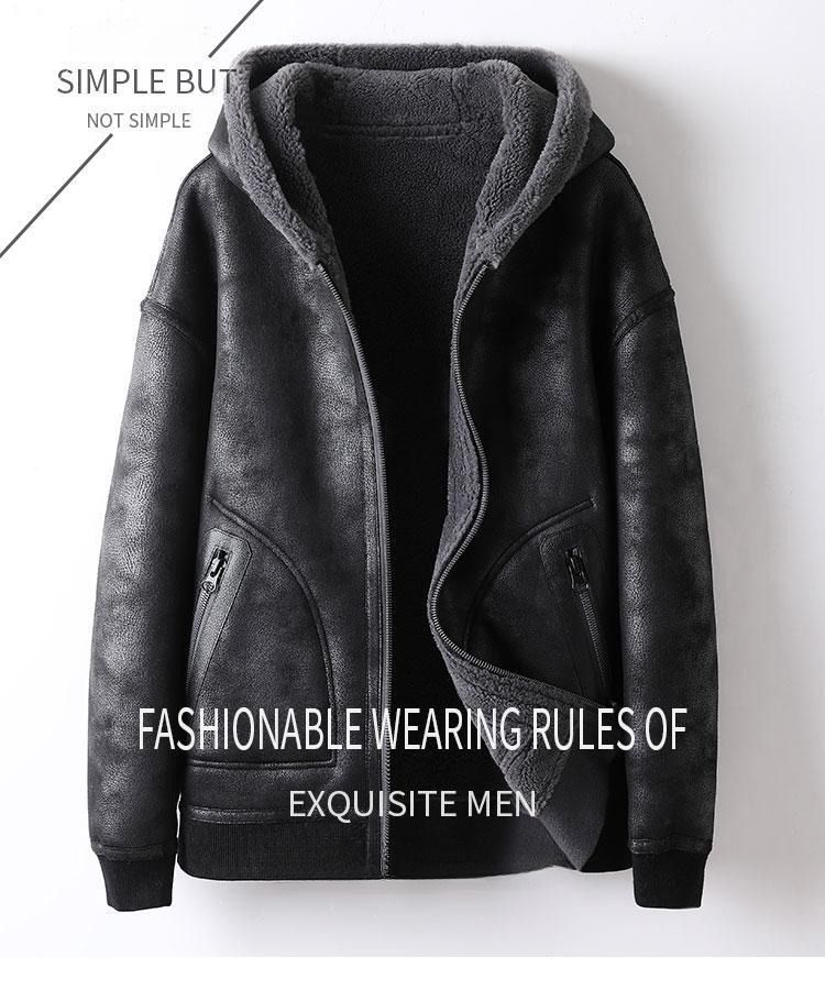 Męska dwustronna kurtka typu bomber z owczej skóry – zimowy płaszcz z kapturem i podszewką ze sztucznego futra (M-6XL, szary/khaki)_voghion.com