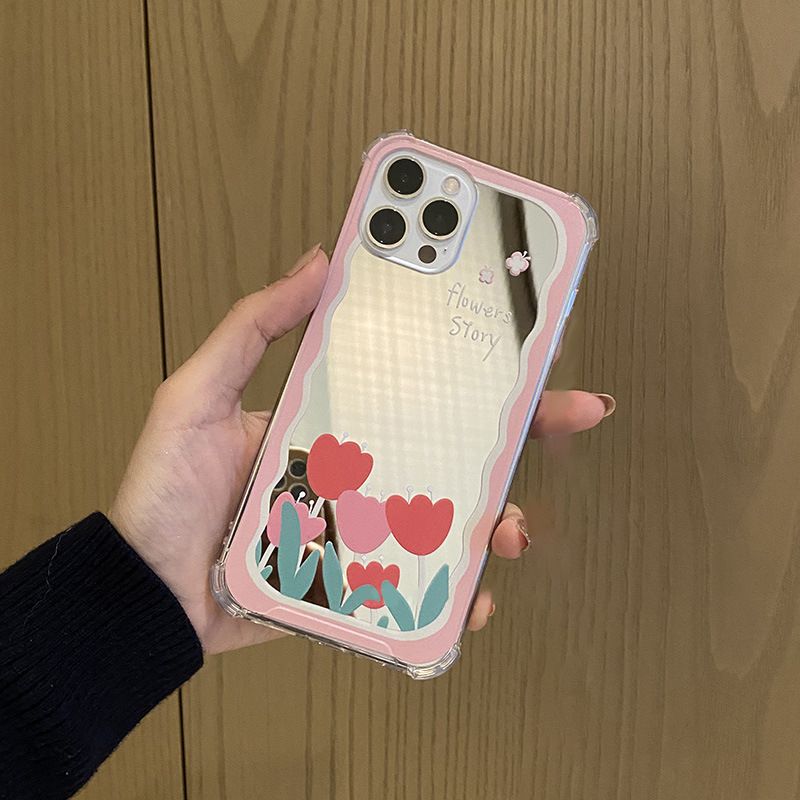 Tins Early Spring Tulip Makeup Mirror Mirror Phone Case Suitable for 15/14/13/12/11/X Series_voghion.com
