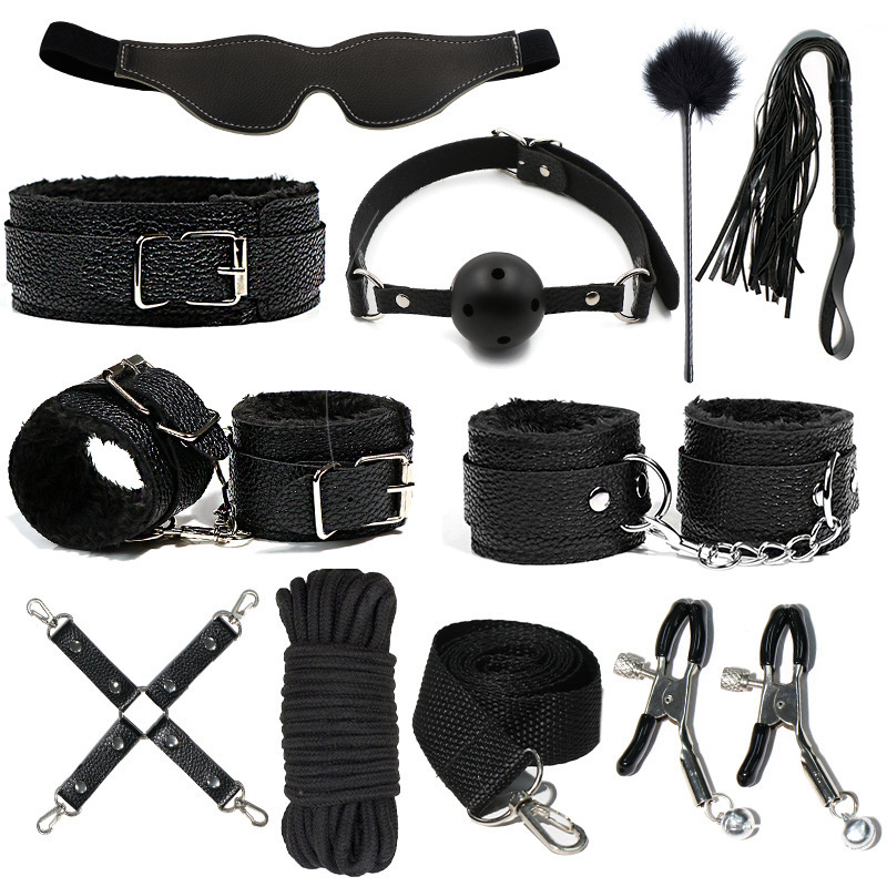Ensemble de Bondage SM en cuir PU, 7 pièces/ensemble, menottes sexuelles, menottes, fouet, corde, bandeau pour les yeux, jeux pour adultes, jouets érotiques pour Couples_voghion.com