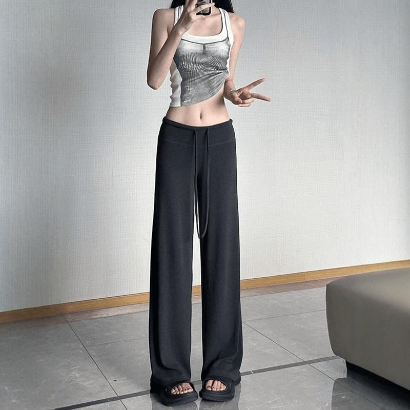 Pantaloni lunghi a gamba larga dritti drappeggiati in maglia modale grigia stile americano casual da donna primavera estate, adatti a tutte le stagioni_voghion.com