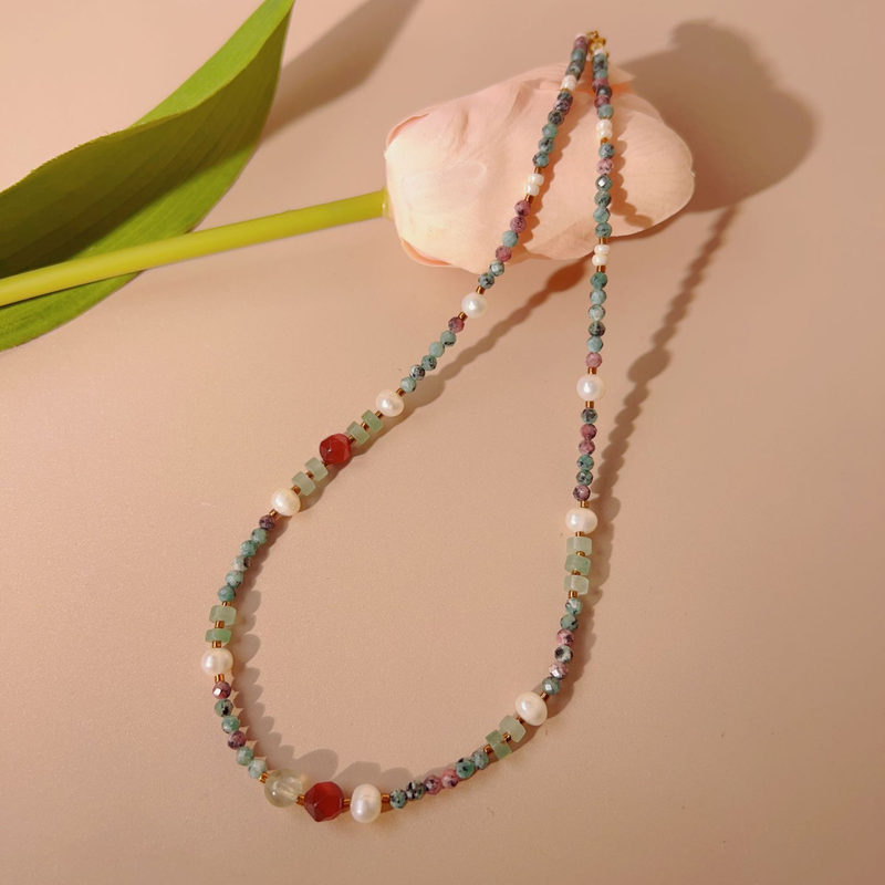 Designer Naturstein rot Tigerauge Süßwasserperle handgefertigte Perlenkette Damenmode_voghion.com