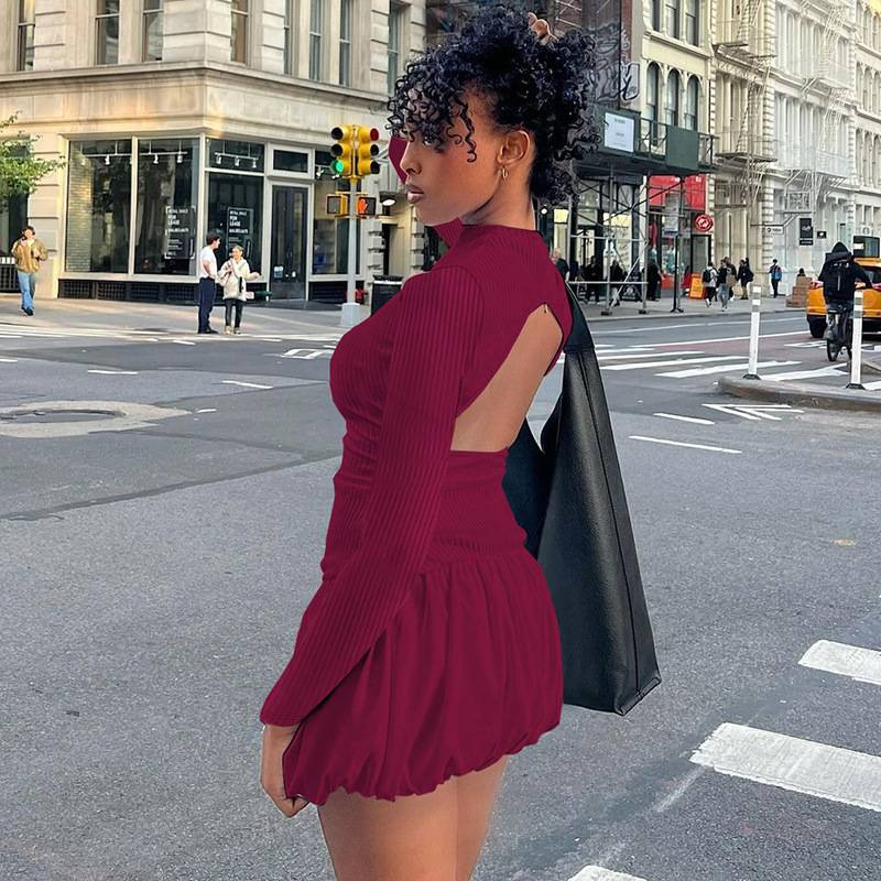 Damen Rückenfreies Mini Bubble Kleid Y2K Streetwear Mädchen Langarm Tuniken Kurze Plissee Kleider Urlaubsoutfit Party Ballkleider_voghion.com