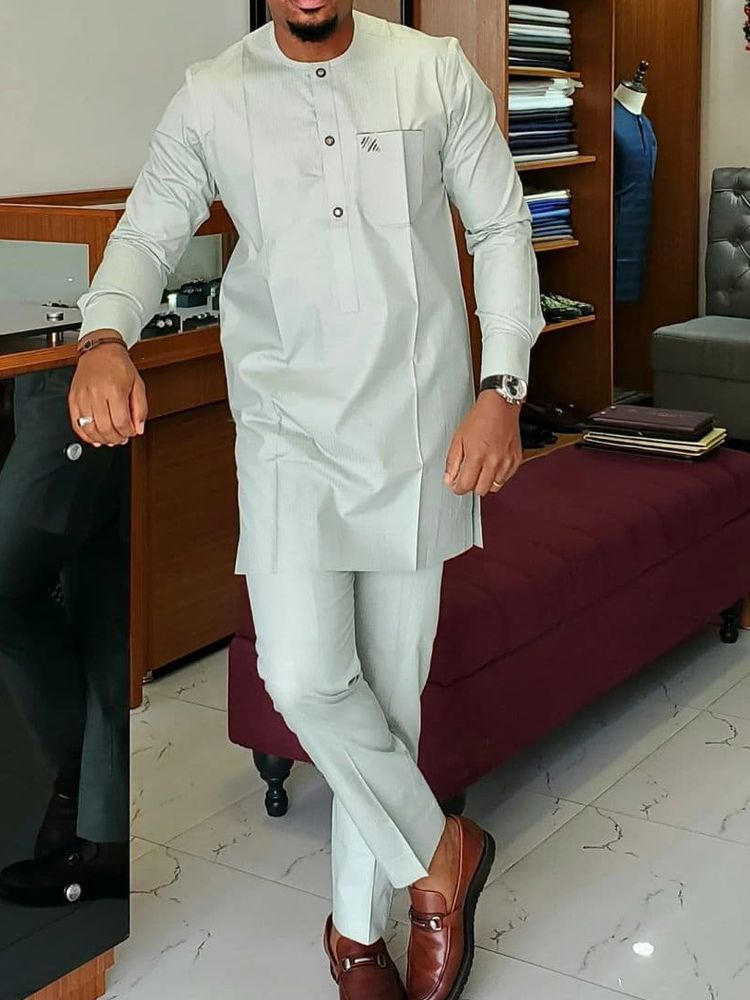 Men's Clothing Wedding Suit 2 Piece Pants Suit Solid Color Round Neck Long Sleeve Festive Style_voghion.com