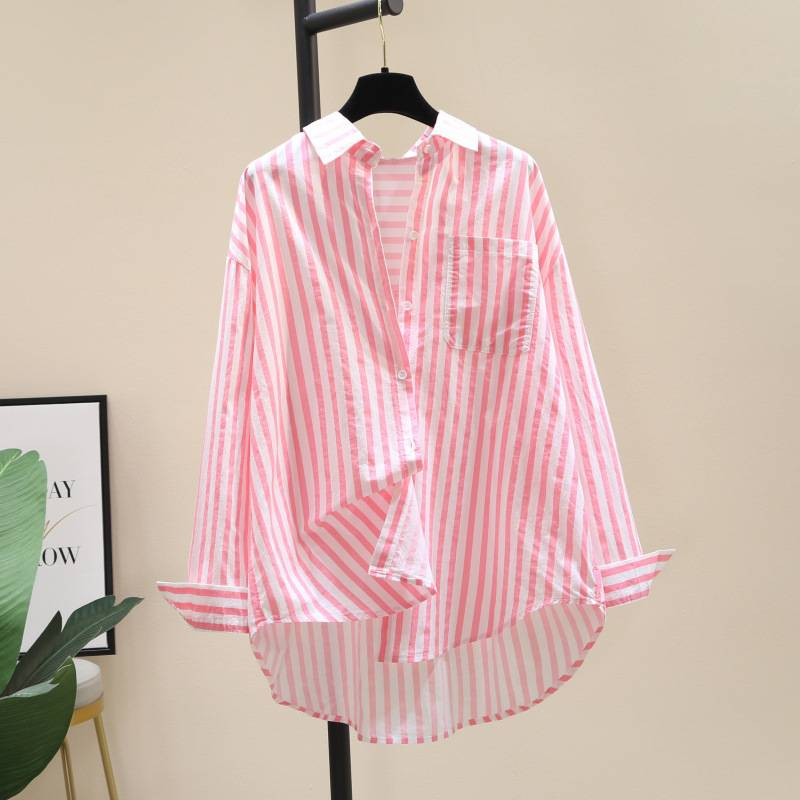Women's Cotton Printed Striped Shirt 2024 Spring Fashion Loose Long Sleeve Blouse For Layering_voghion.com