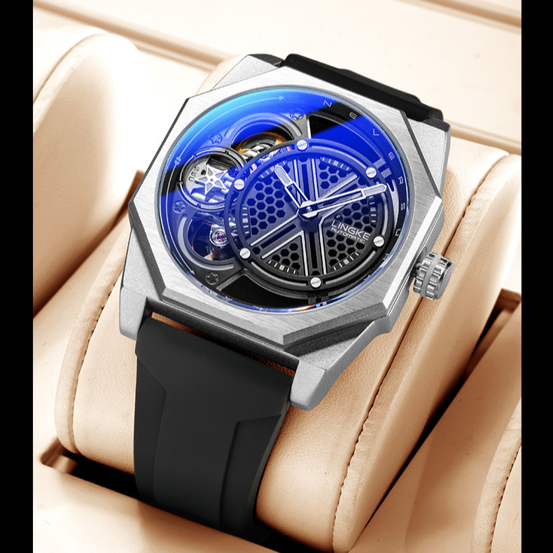 Men's Skeleton Dual Movement Watch With Barrel-Shaped Dial, Silicone Strap, Fashionable Mechanical Quartz Hybrid Timepiece For Casual & Sporty Look_voghion.com