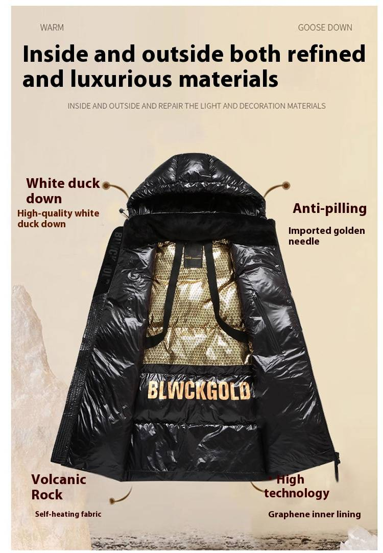 Men's Winter Jacket Short Puffer Coat With Hood, 550 Fill Power Duck Down, Windproof & Machine Washable, Slim Fit, Black Gold_voghion.com