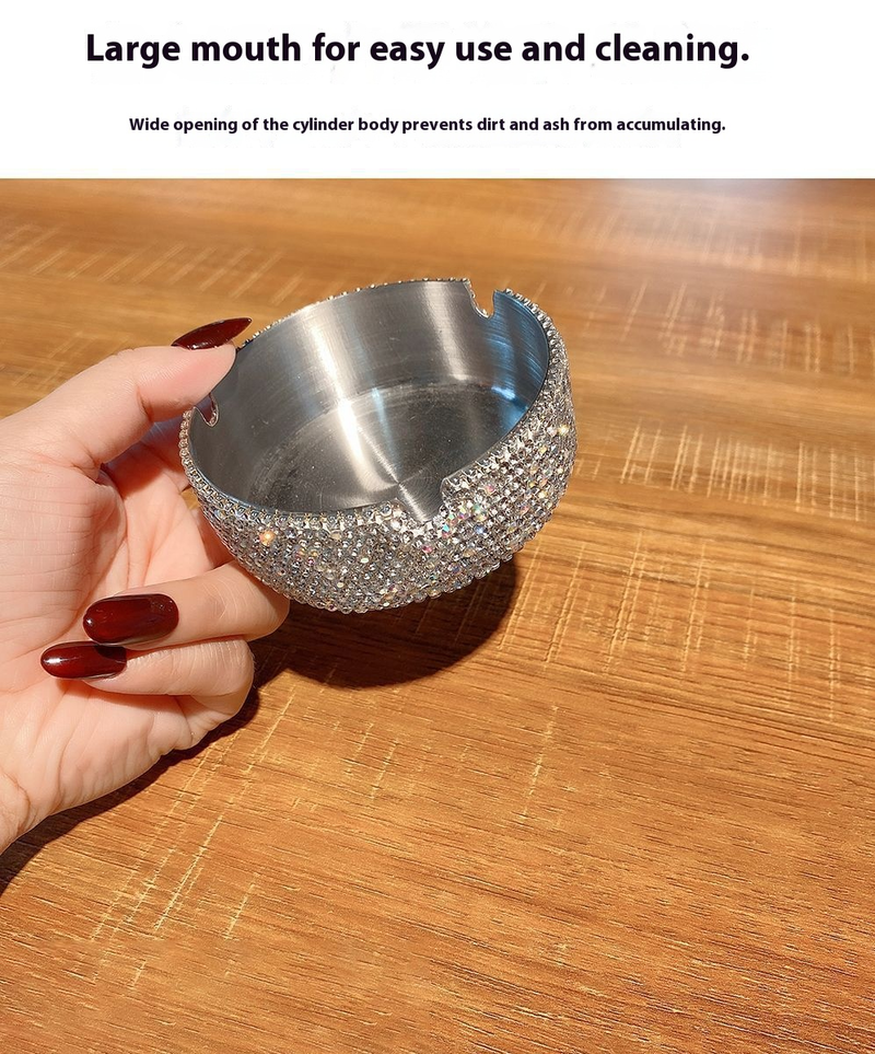 Luxury Stainless Steel Ashtray With Crystal Accents – Modern Office & Home Decor (Elegant Diamond-Cut Design, Smokeless Ash Catcher)_voghion.com