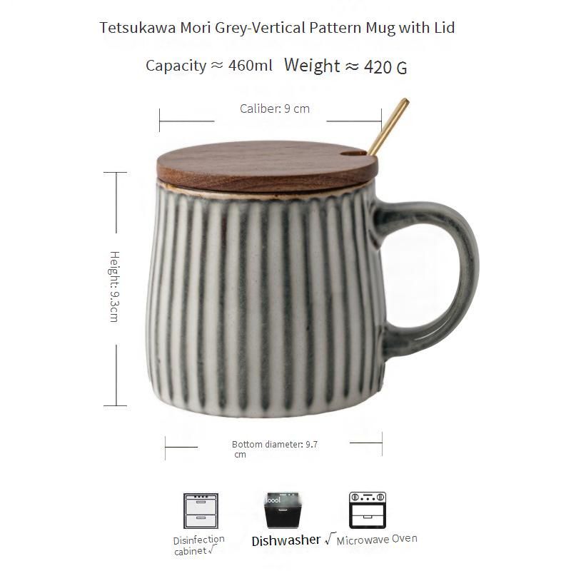 Taza artesanal con variación de esmaltado y textura en relieve - Taza de café de cerámica nórdica con tapa y cuchara, capacidad de 450 ml, diseño retro para hombre_voghion.com