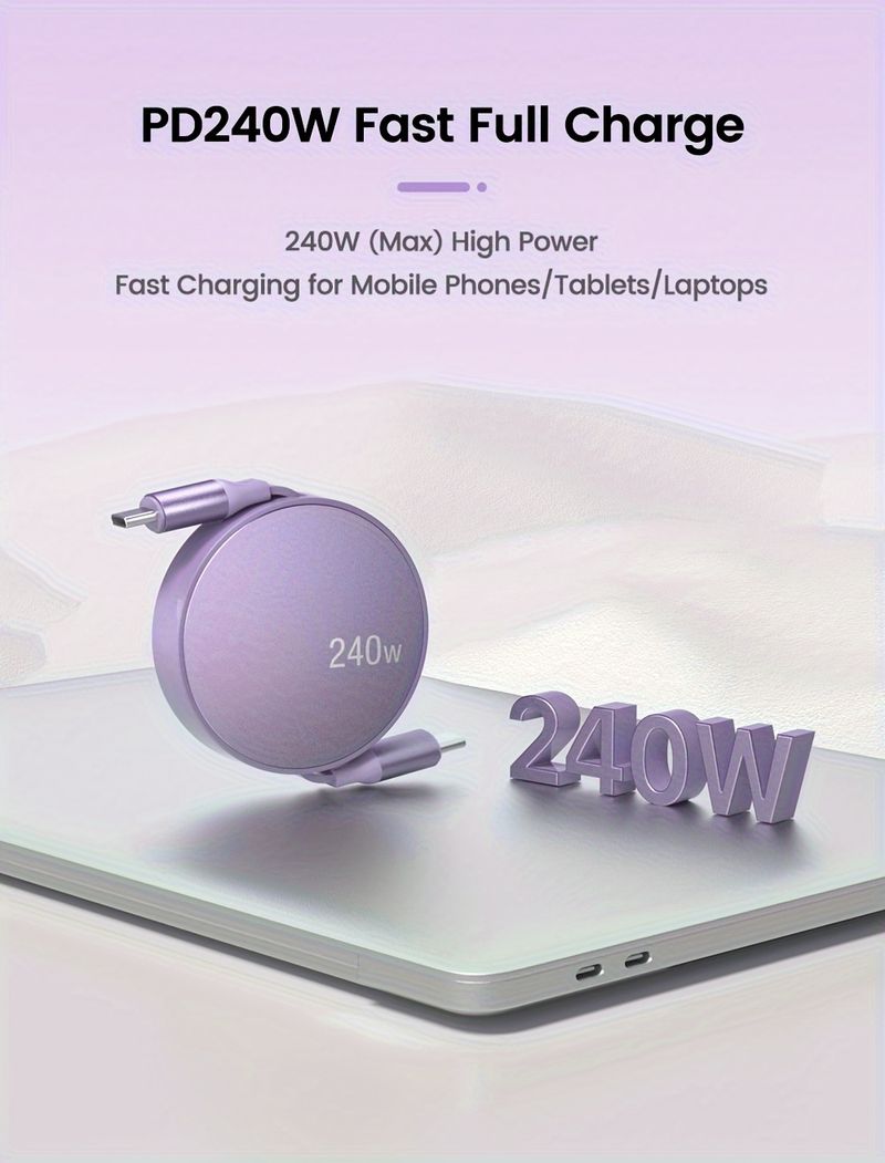 PD 240W Fast Charge Type-C Dvouhlavý zatahovací datový nabíjecí kabel vhodný pro notebooky a mobilní telefony 1 m / 39,37 palce_voghion.com