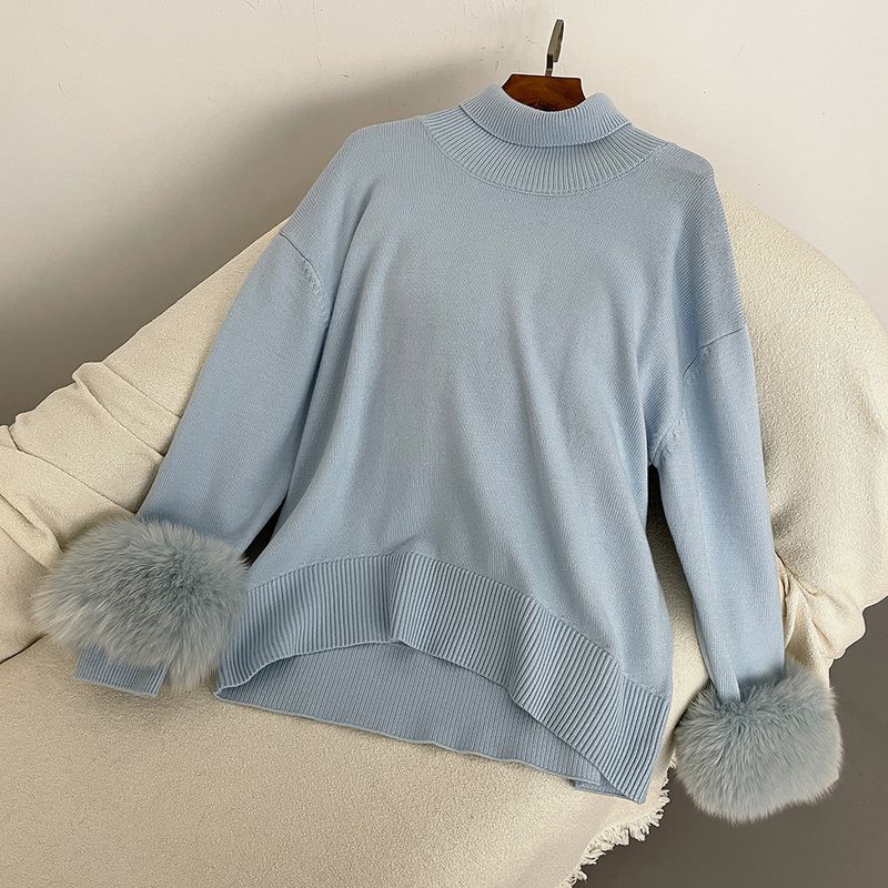 Damenbekleidung Heißer Verkauf Damen Herbst und Winter neuer verdickter hochgeschlossener lockerer Strickpullover mit abnehmbaren Manschetten aus echtem Fuchs_voghion.com