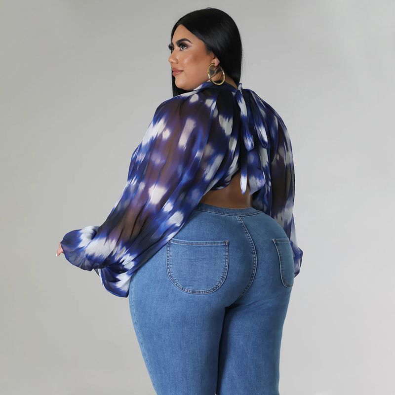 Damen-Oberteil in Übergröße, Übergröße, Damenbekleidung, Rundhalsausschnitt, offener Rücken, Chiffon-Schnüroberteil für Damen_voghion.com