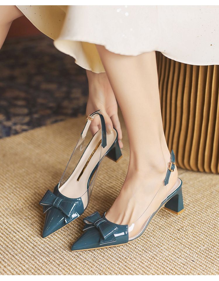 Korean Pointed Head High-heeled Closed-toe Sandals Bow Shallow Mouth High-heeled Women's Summer Cool Backless Single Shoes Exquisite Generous_voghion.com
