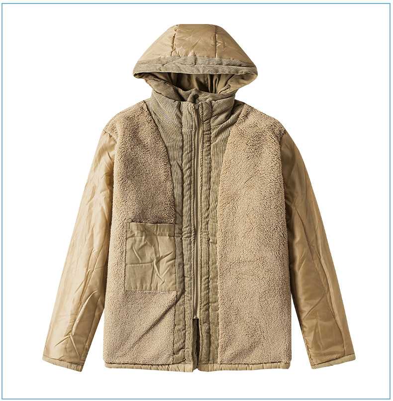Men's Plus Size Shearling Hooded Cotton Jacket Thickened Multi-Pocket Cotton Top Casual Mid-Length Coat_voghion.com