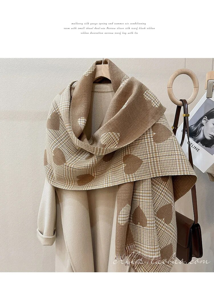 Dobbeltsidet kasjmir Høst Vinter Kjærlighetshjerte Kvinner Rutet mote Damer Langt fortykket Varmt strikket skjerf Hijab Stole_voghion.com