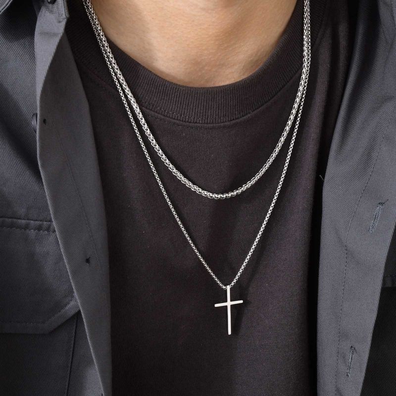 Collane da uomo Vnox, ciondolo a croce semplice a strati in acciaio inossidabile, collana con catena a scatola di corda, semplice collare con preghiera di Gesù_voghion.com