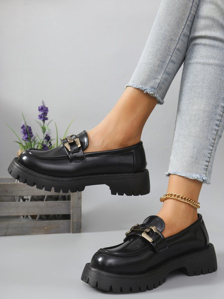 Große, dicke schwarze Lederschuhe mit kleiner Sohle für Damen, neue Slip-on-Arbeitsschuhe mit Metallschnalle_voghion.com