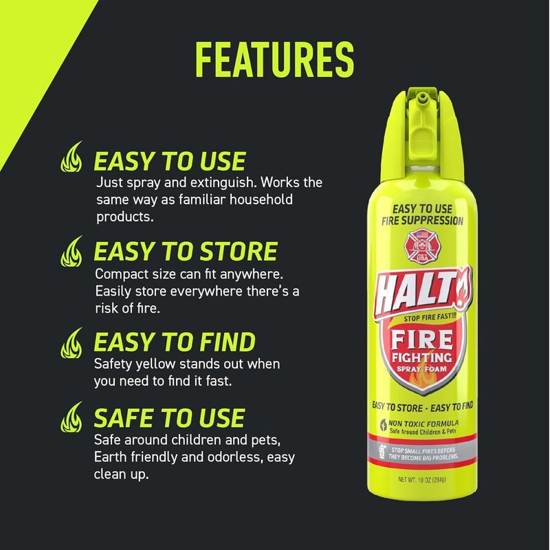 HALT! Handheld Fire Fighting Foam Spray – Non-Toxic, Easy To Use, Store, And Find In Emergency – Compact & Portable – Ideal For Home, Kitchen, Apartment, Car, BBQ, Tailgate – Made In USA (Single Pack)_voghion.com