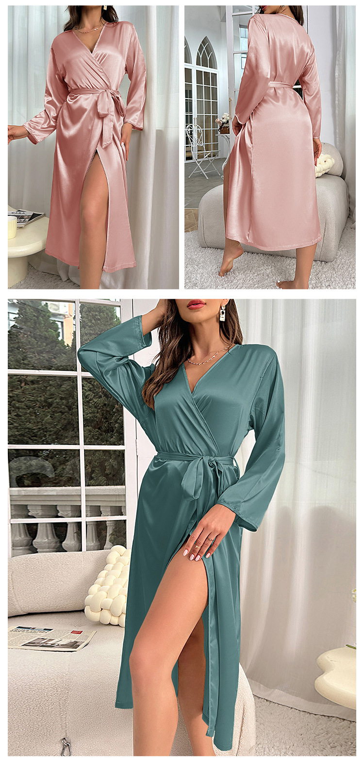 Pigiami da donna, estate, sexy, camicia da notte in seta, da donna, a maniche lunghe, con lacci, accappatoio, vestaglia, moda, casual, da casa_voghion.com