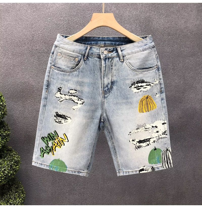 Herrenbekleidung, individuell bedruckte, lockere Jeans-Shorts, Herren-Retro-Shorts im Used-Look, hell verwaschen, große Größe_voghion.com