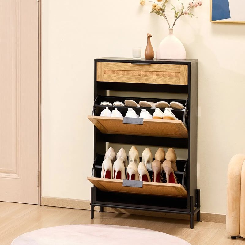 Cassettiera portaoggetti 1 in rattan stretta con scarpiera ribaltabile in metallo 2 scorrevoli per ingresso in rattan e scarpiera sottile con gambe organizer_voghion.com