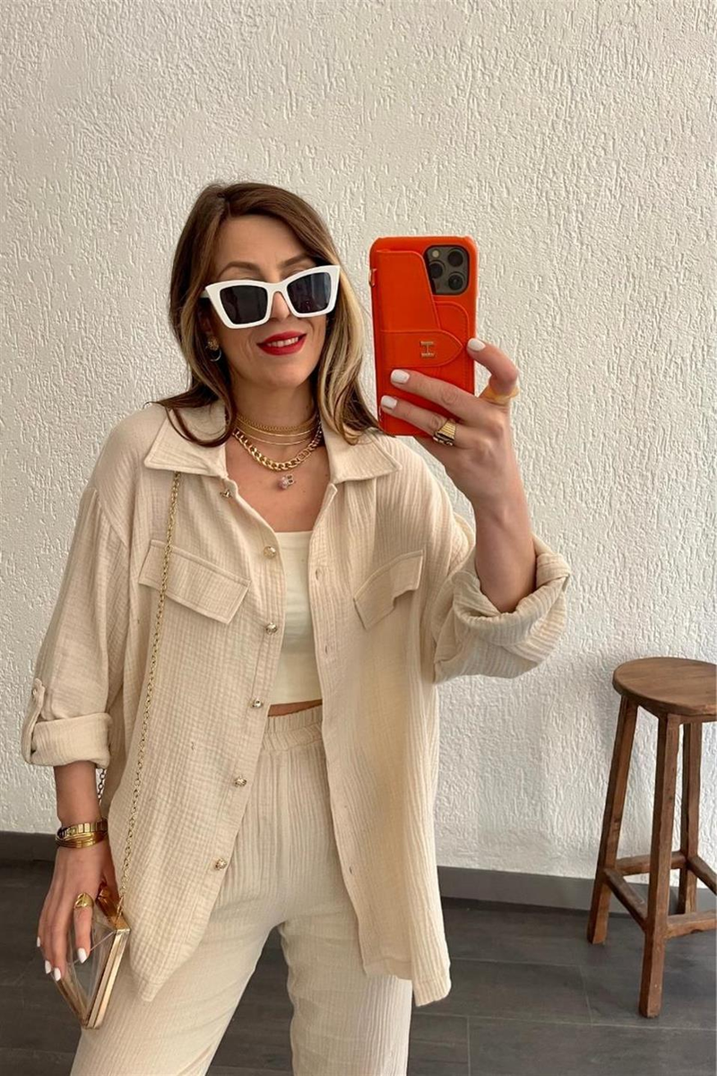 Γυναικεία Ρούχα Plus Size Διπλή στρώση Crepe Loose Μεγάλο Πέτο Μακρυμάνικο Πουκάμισο Casual_voghion.com