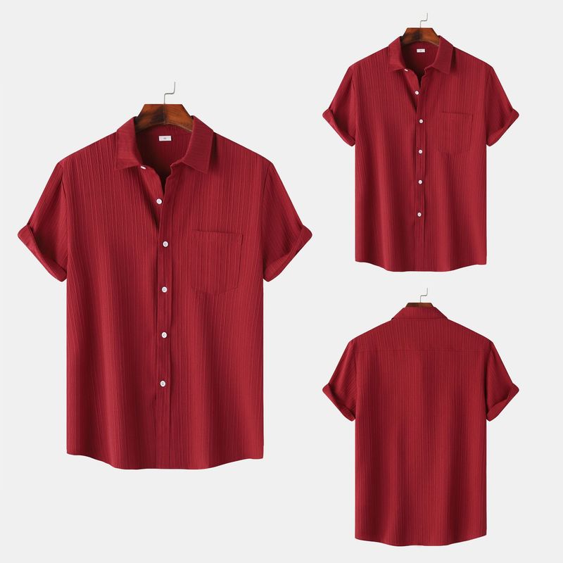 Goods 2024 summer new solid color lapel short sleeved shirt men's_voghion.com