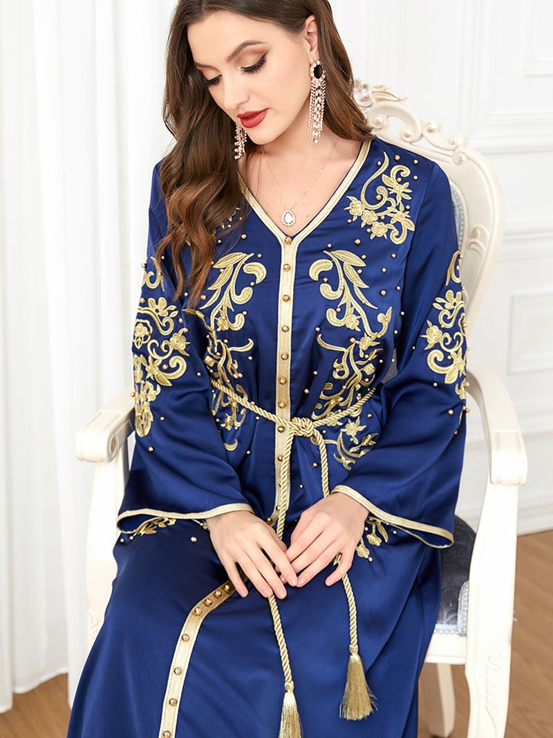 Elegantes besticktes Maxikleid mit langen Ärmeln für Damen – islamische und arabische Mode, Boho-Tribal-Stil, perfekt für dezente Kleidung (Marineblau)_voghion.com