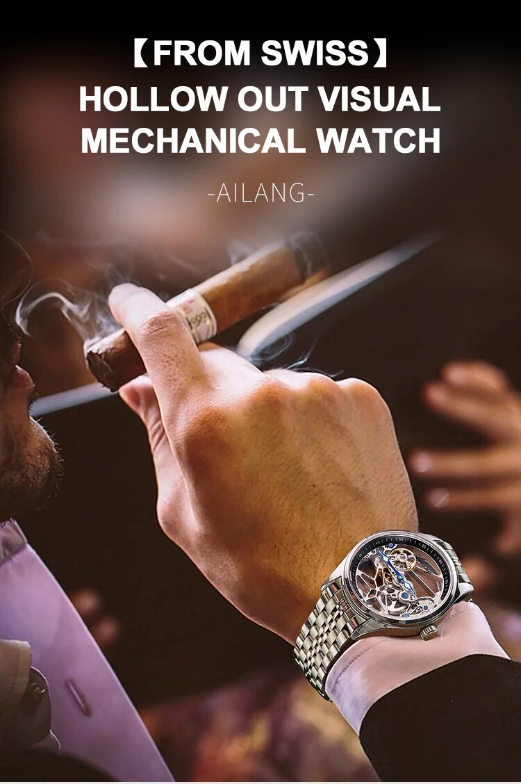 AILANG Fashion Skeleton Mechanical Watch Top Brand Luxury Men's Steampunk Transparent Hollow Automatic Watch Relogio Masculino_voghion.com