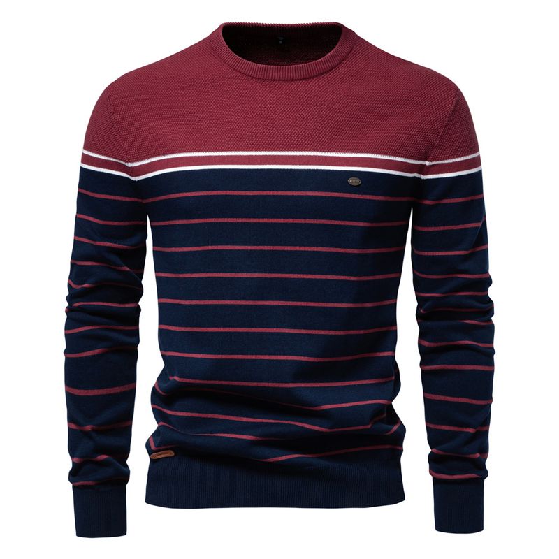 Men's Clothing New Striped Color Matching Long Sleeved Men's Knitted Sweater Fashionable Round Neck Men's Casual Sweater_voghion.com
