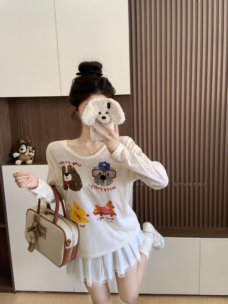Apricot Cartoon Print Design, Long Sleeved T-shirt, Women's Early Autumn Lazy Style, Loose And Casual Interior, Round_voghion.com