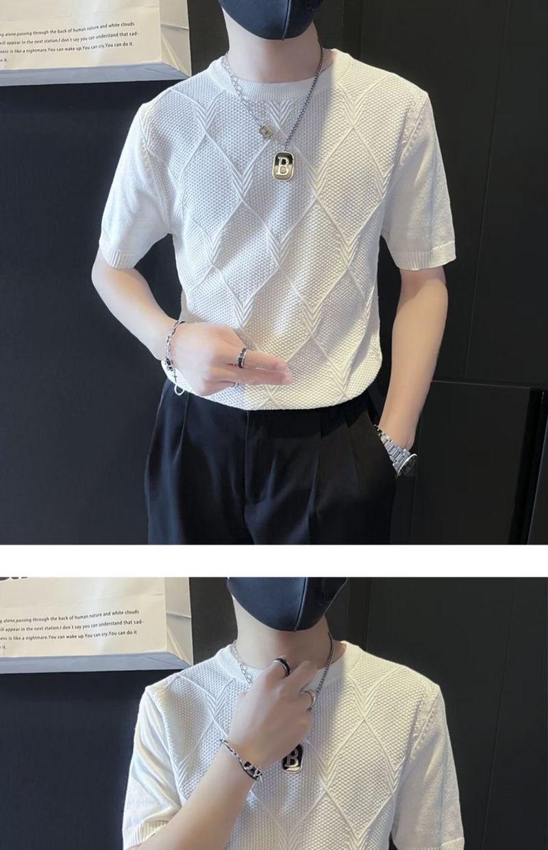 Camiseta de manga curta de seda gelada para o verão, suéter de malha fino da marca da moda, corte slim, elástico e respirável_voghion.com