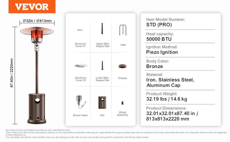 VEVOR Propane Patio Heater 50000BTU Tall Hammered W/Round Table Outdoor Bronze_voghion.com