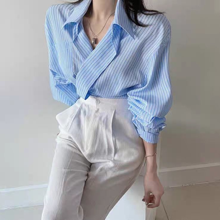 2024 Spring and Autumn New Korean Chic Gentle Striped White Collar Single breasted Loose Casual Long Sleeve Shirt_voghion.com