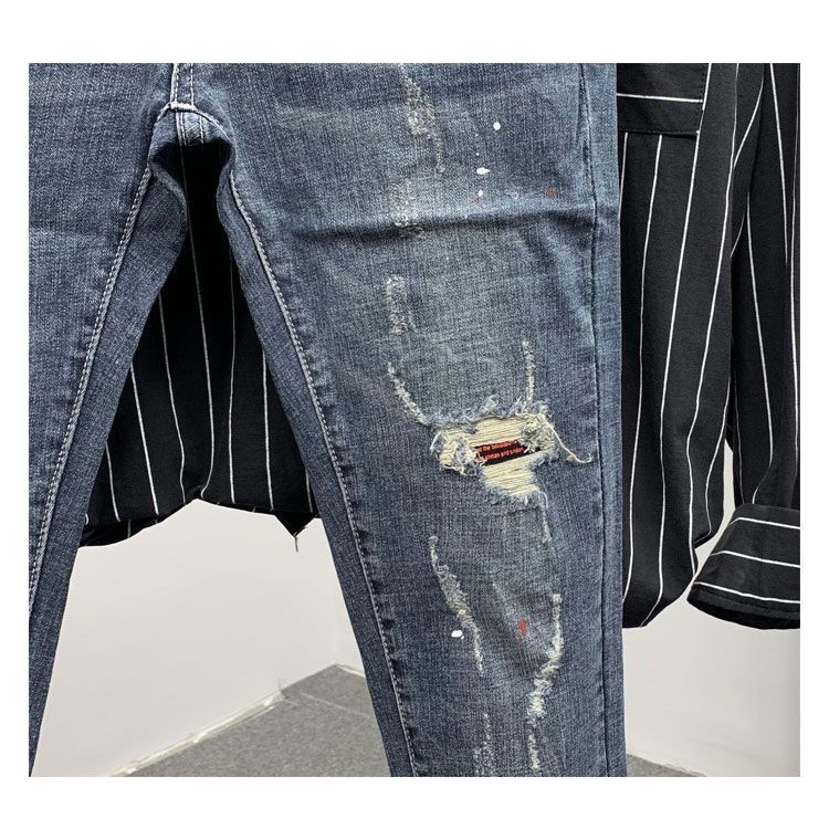 2023 Mode Herrenhose im koreanischen Stil, Jeans mit Katzenschnurrhaarlöchern, bunten Farbspritzern, schmale Hose_voghion.com