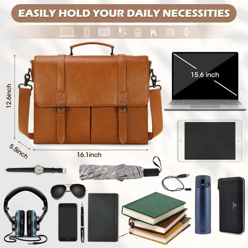 RAINSMORE Vintage Men Messenger Waterproof Leather Briefcase Laptop Large Capacity Satchel Business College Shoulder Bag_voghion.com