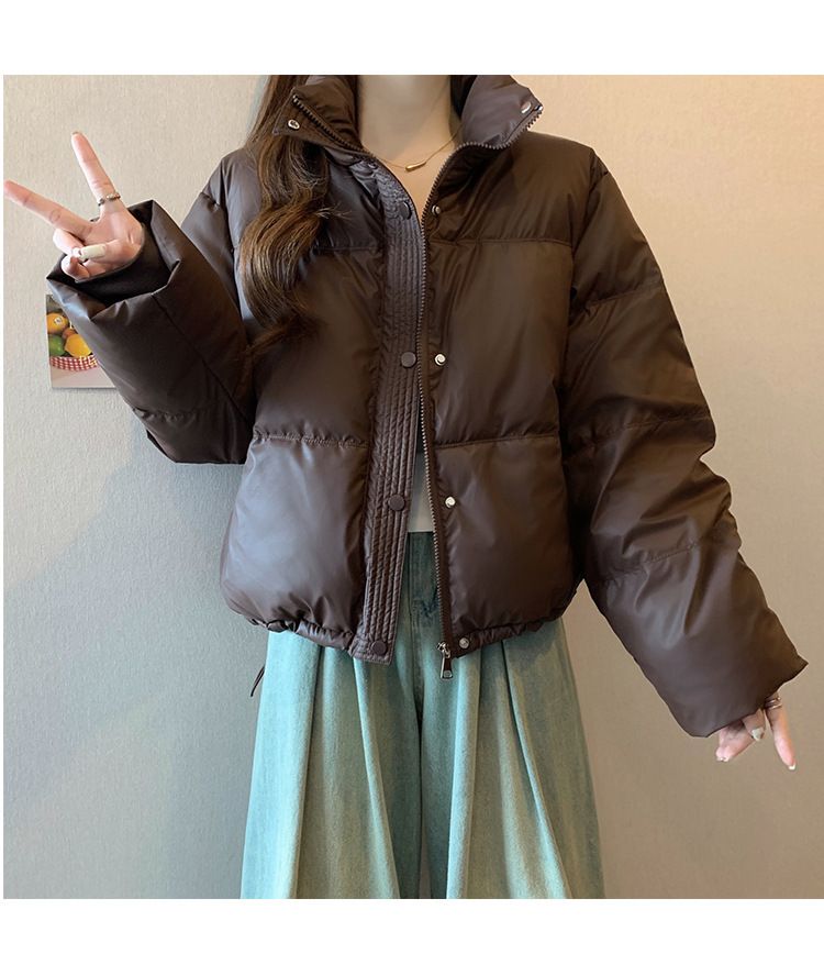Dameskleding Koreaanse versie korte opstaande kraag kleine winterjassen katoenen jas voor dames eenvoudige losse versie rits pufferjack effen kleur_voghion.com