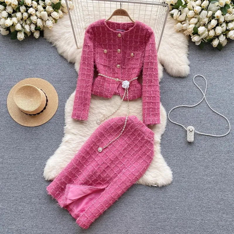 Two Piece Dress Modphy Autumn Fashion Rose Red Woolen Set Women Golden Button Chain Belt Tweed Short Jacket Coat Split_voghion.com