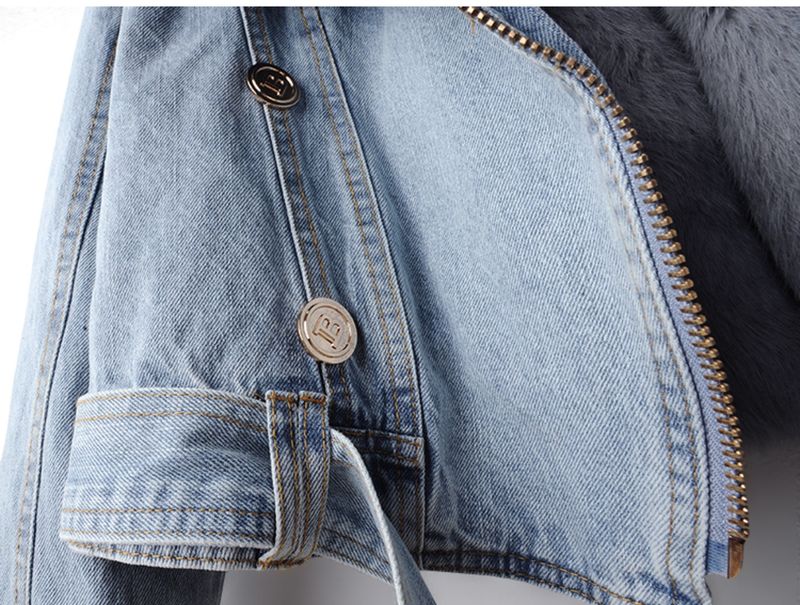 Giacca corta da donna in denim di piccole dimensioni, alla moda, con collo in pelliccia di volpe e fodera in pelliccia di coniglio, stile autunno e inverno_voghion.com