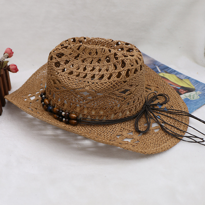 Hand-woven hollowed-out horseflower beach sunshade hats for men and women with cuffed cowboy hats_voghion.com