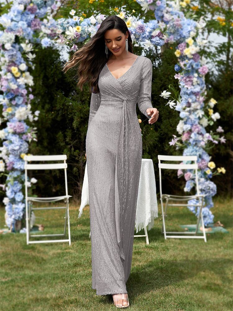 Abito da sera a sirena con scollo a V e maniche lunghe da donna_voghion.com