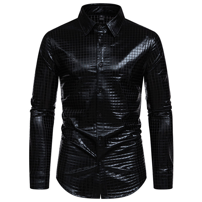 2024 Spring/Summer New Checkered Gold Stamped Print Stage Performance Dress European Size Men's Long Sleeved Shirt_voghion.com
