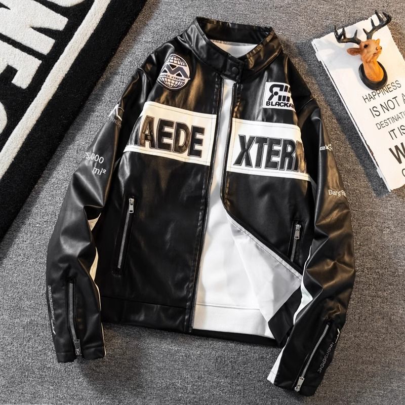 Men's Retro Letter Leather Motorcycle Jacket - Vintage Baseball Style Stand Collar PU Jacket For Men_voghion.com