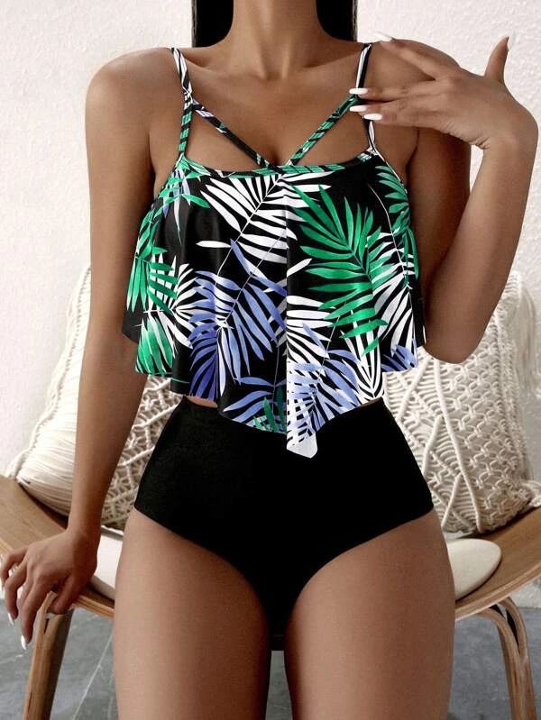 Maillot de bain fendu pour femme Bikini taille haute imprimé Maillot de bain à volants Bikini_voghion.com