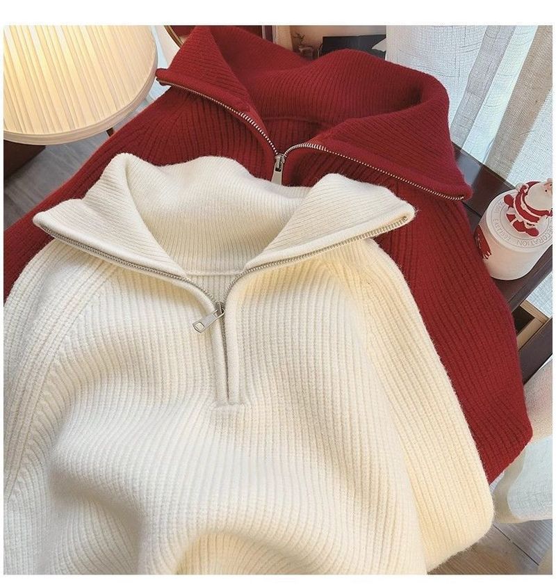 Maglione lavorato a maglia ispessito 2024 autunno/inverno nuovo stile con design anti-età, cerniera aspetto ampio e sottile, colletto maglione pigro_voghion.com