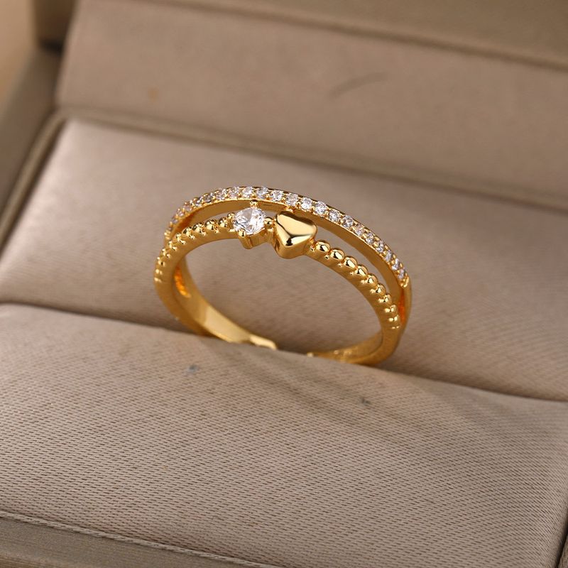 Pronto Stock Moda Zircone Cuore Anelli per le donne in acciaio inossidabile Colore oro Aperto Regolabile Doppio Anello impilabile Sposa Matrimonio_voghion.com