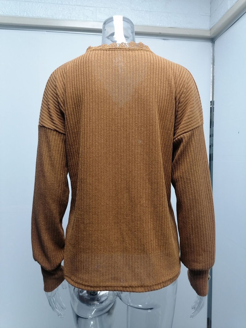 Maglione da donna in pizzo con scollo a V, maglione da donna, maglione sciolto a maniche lunghe in tinta unita_voghion.com