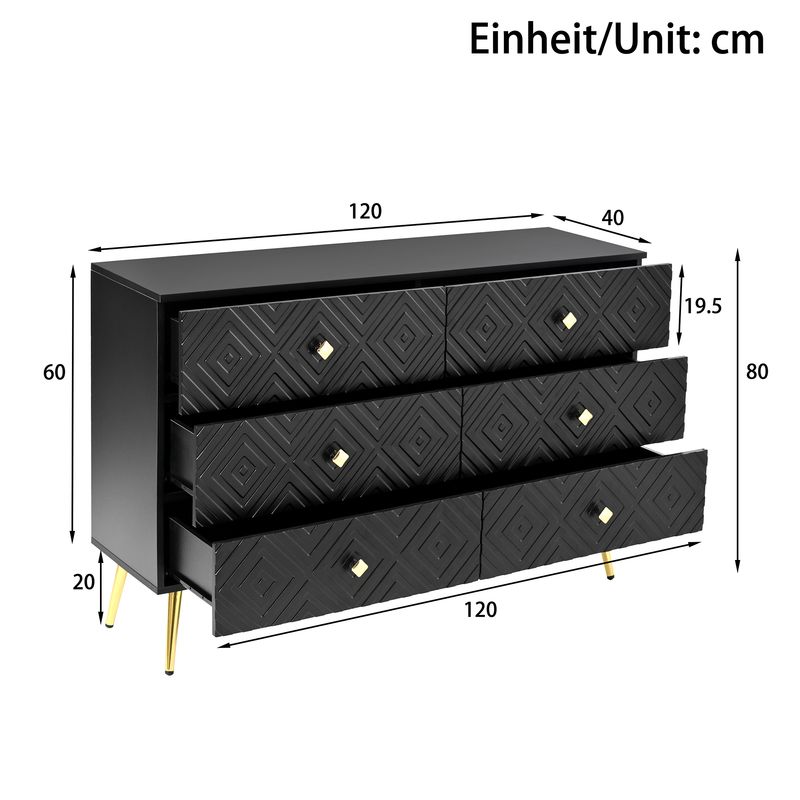 Kommode Schwarz 120x80cm Mit 6 Schubladen, Gold-Akzenten, Metallbeinen_voghion.com