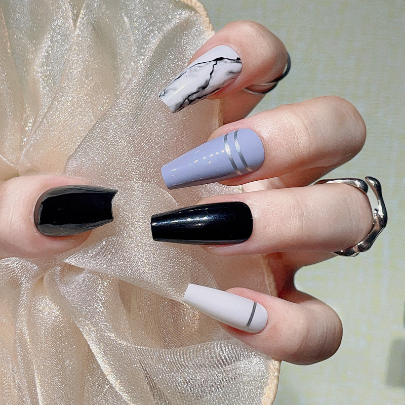 Ballerina Lange 24 Stück Französische Kunstnägel Matt Silber Linie Schwarz Weiß Marmor Künstliche Nägel Press On Nails Full Co_voghion.com