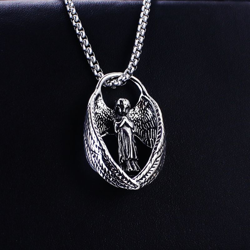 New Hip Hop Street Punk Personality Hot Sale Faith Muse Prayer Prayer Stainless Steel Pendant Angel Wings Necklace Men's Necklace_voghion.com
